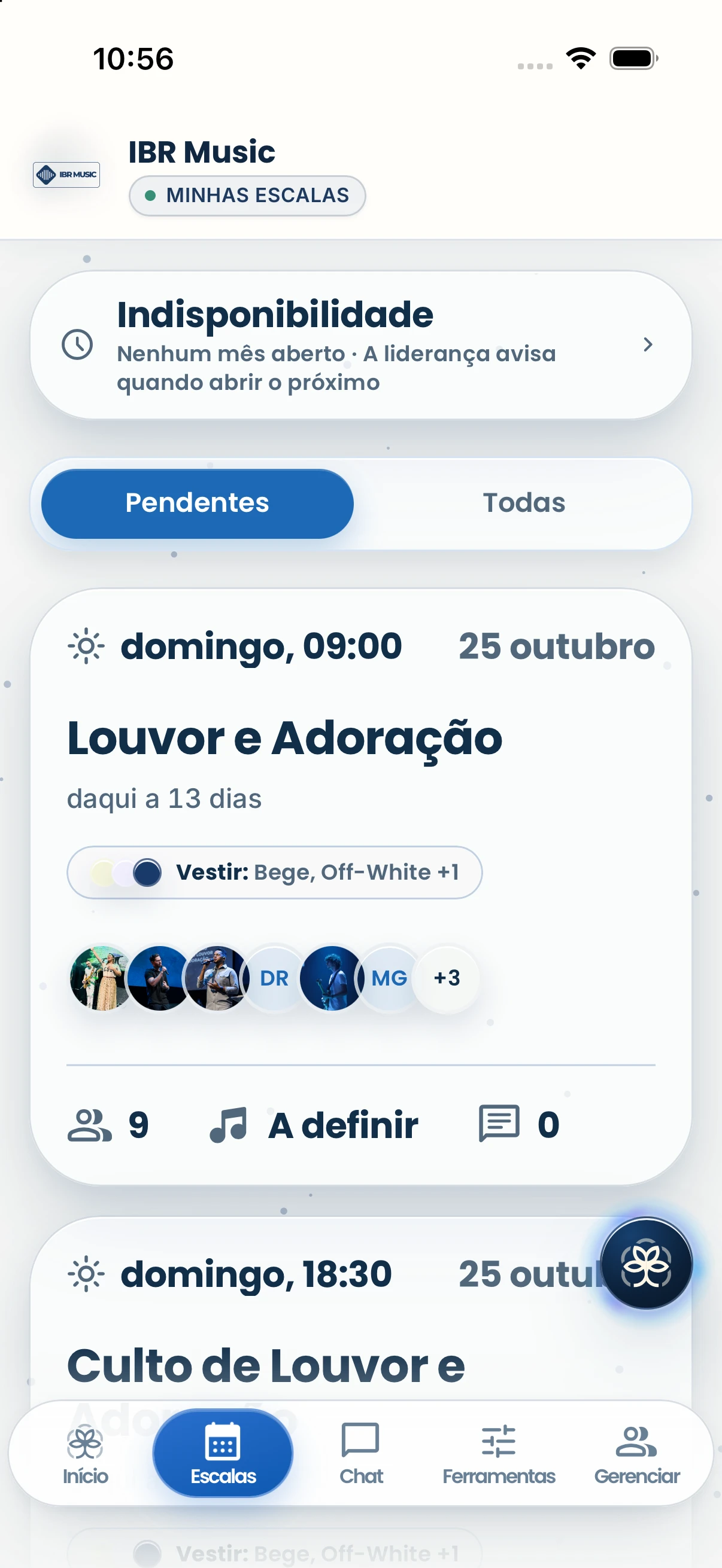 Print atual de Minhas Escalas no iPhone 17: culto, equipe e paleta de cores.