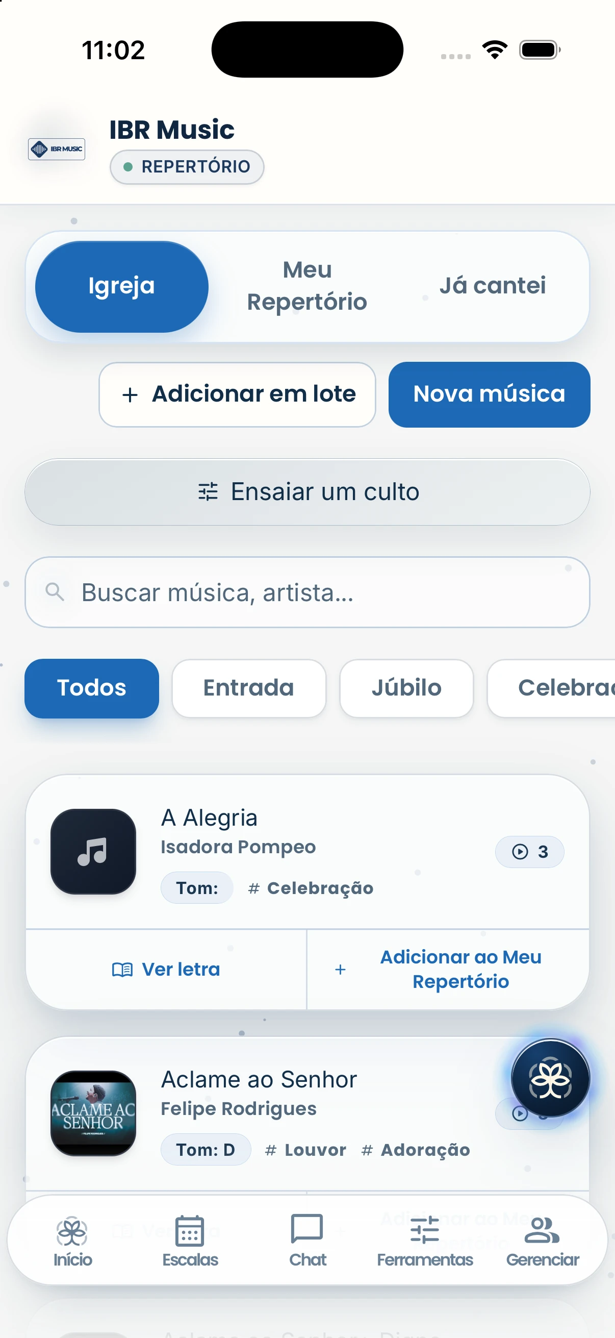Print atual do Repertório da Igreja no iPhone 17, com as abas Igreja, Meu Repertório e Já cantei, além de músicas, artistas e tons.